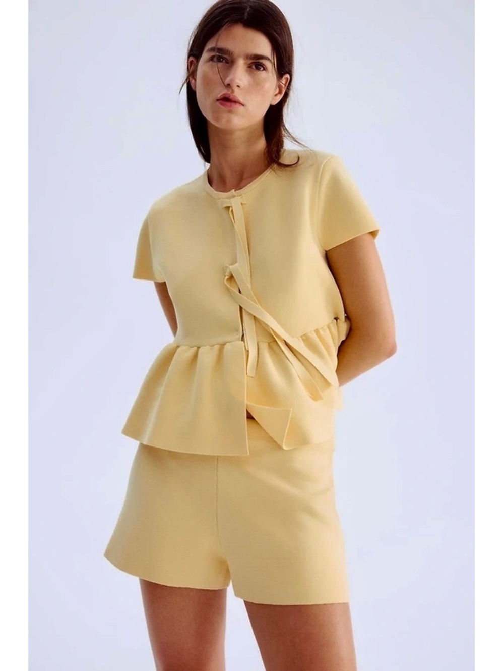 Light Yellow H&M Dense Knitted Tie-Detail Top size M
